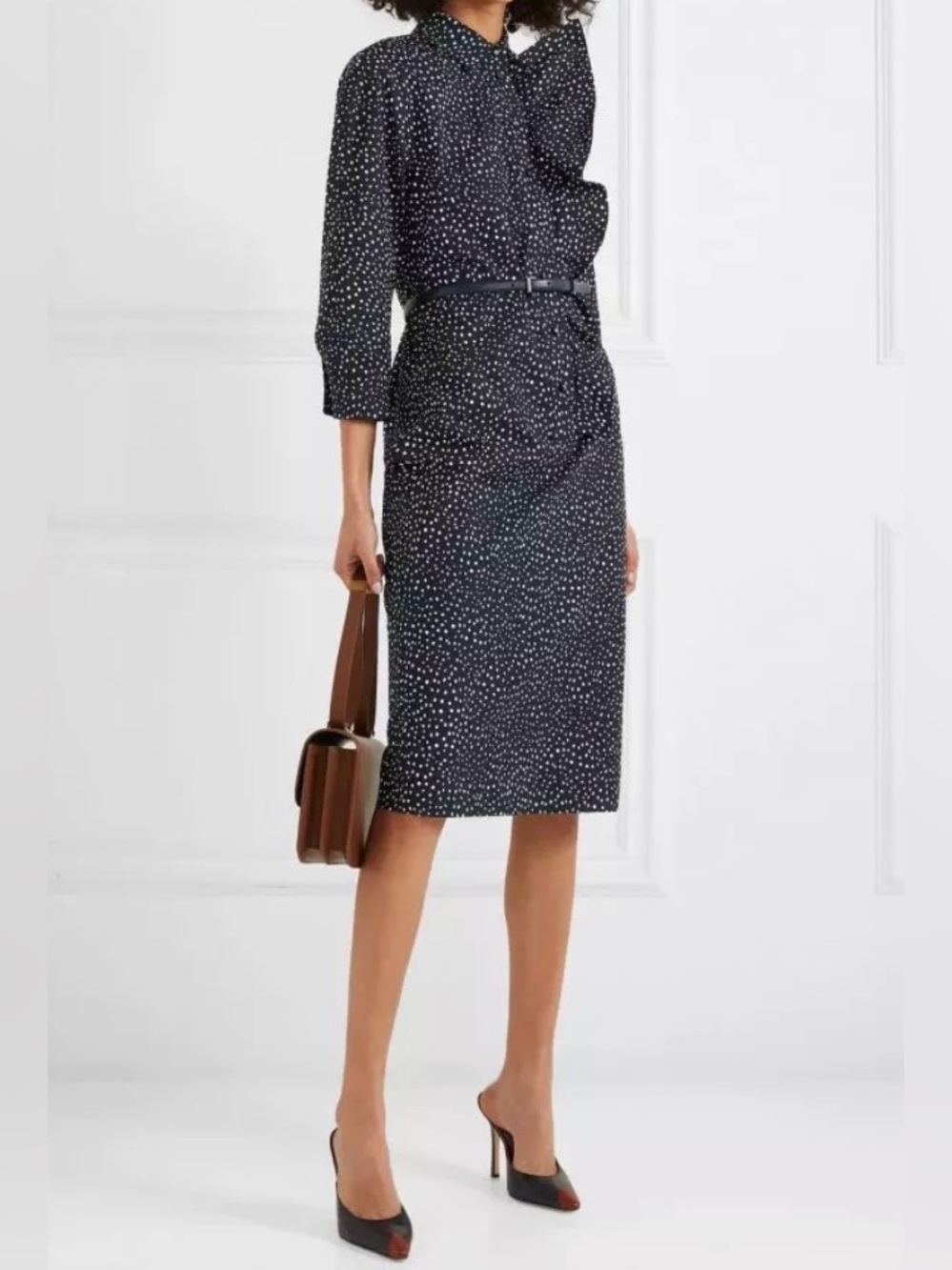 Max Mara Vicky Ruffle Polka Dot Navy Blue White Cotton Poplin Midi Dress - Picture 3 of 16